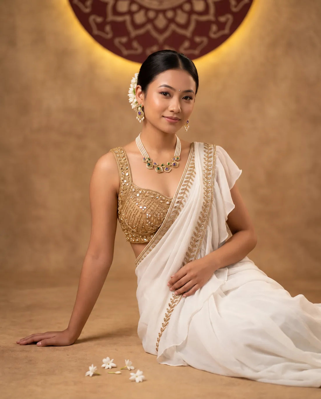 Gold-Tone Four-Strand Pearl Jewellery Set with Emerald-Green & Amethyst-Purple CZ