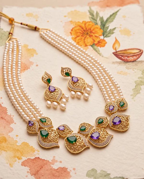 Gold-Tone Four-Strand Pearl Jewellery Set with Emerald-Green & Amethyst-Purple CZ