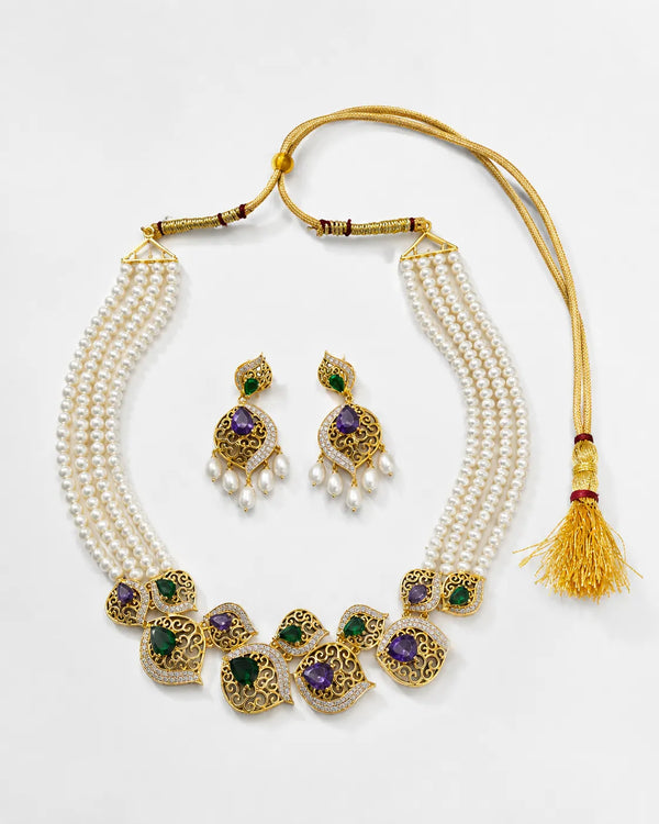 Gold-Tone Four-Strand Pearl Jewellery Set with Emerald-Green & Amethyst-Purple CZ