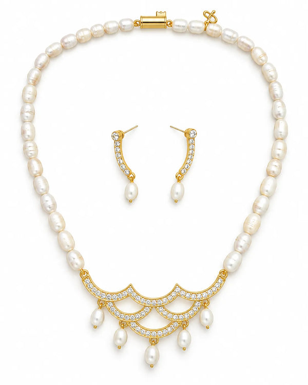 Gold-Tone Scalloped Arch Cubic Zirconia Freshwater Pearl Necklace Set