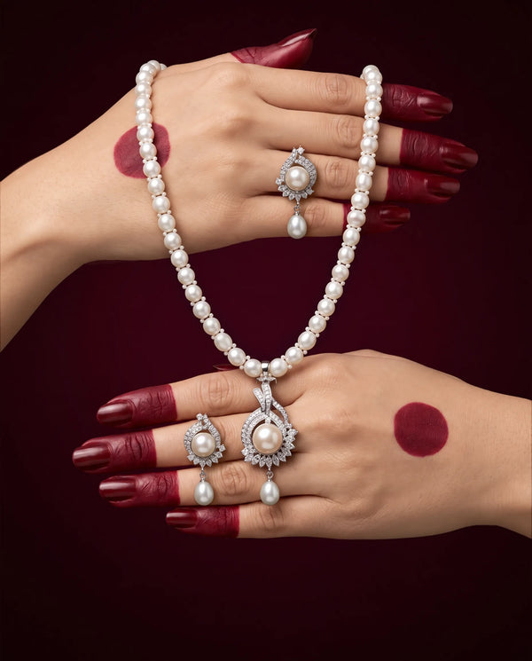 Silver-Tone Crossover Pearl & Cubic Zirconia Statement Necklace Set