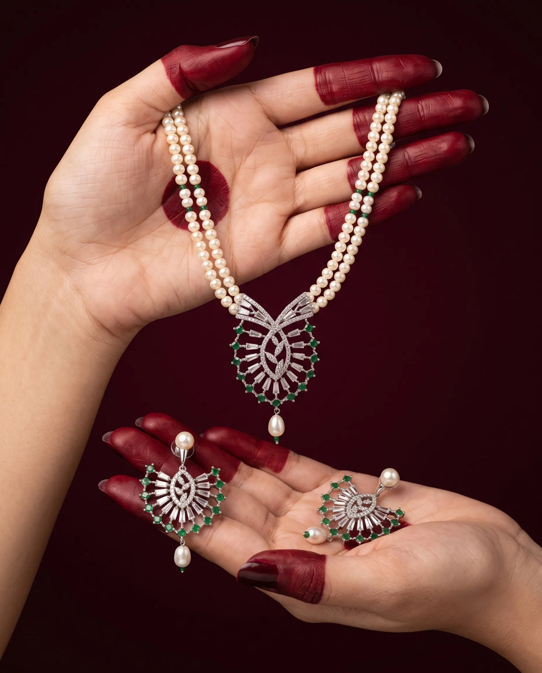 Silver-Tone Emerald-Green Accent & CZ Butterfly Motif Double-Strand Pearl Necklace Set