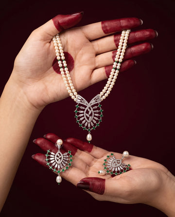 Silver-Tone Emerald-Green Accent & CZ Butterfly Motif Double-Strand Pearl Necklace Set