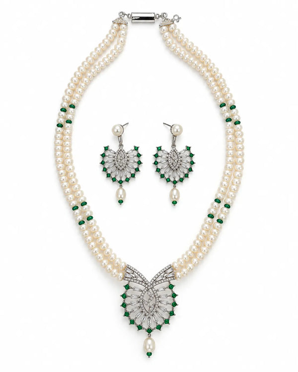Silver-Tone Emerald-Green Accent & CZ Butterfly Motif Double-Strand Pearl Necklace Set