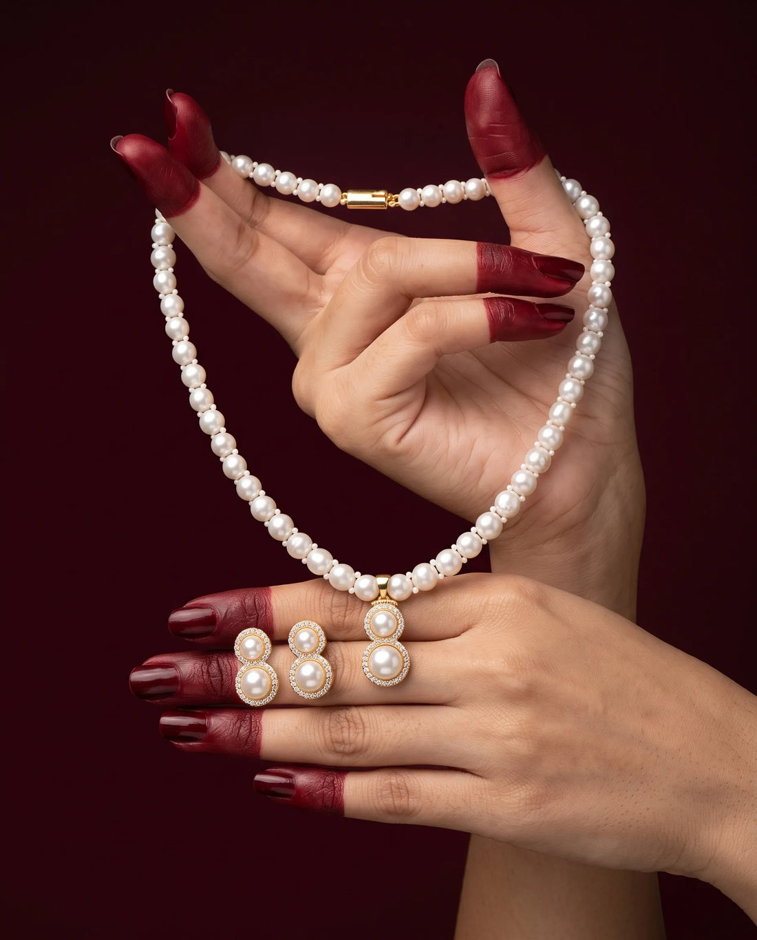 Gold-Tone Double Halo Pearl Pendant Freshwater Pearl Necklace Set