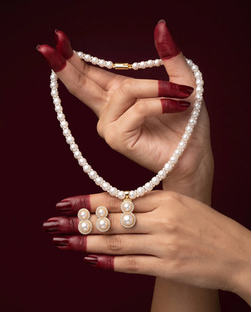 Gold-Tone Double Halo Pearl Pendant Freshwater Pearl Necklace Set