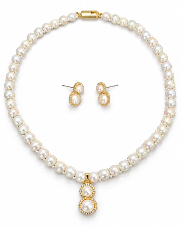 Gold-Tone Double Halo Pearl Pendant Freshwater Pearl Necklace Set