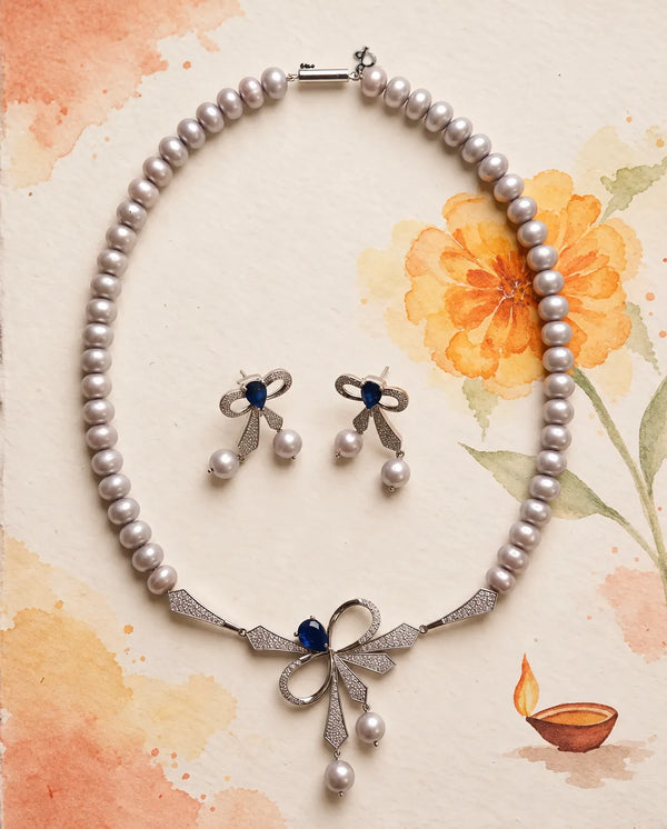Silver-Tone Grey Pearl Necklace Set with Blue Sapphire CZ Bow Motif