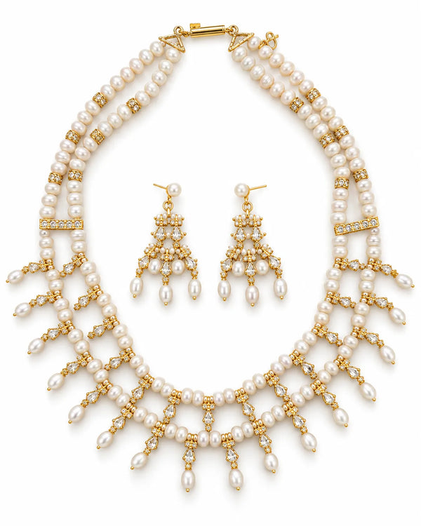 Gold-Tone Double-Strand Pearl Lattice Necklace Set