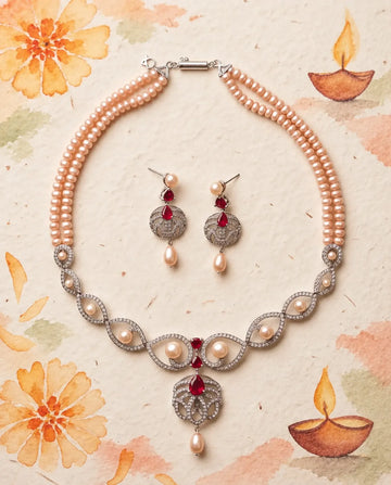 Silver-Tone Double-Strand Peach Pearl Necklace Set with Ruby-Red CZ Accents