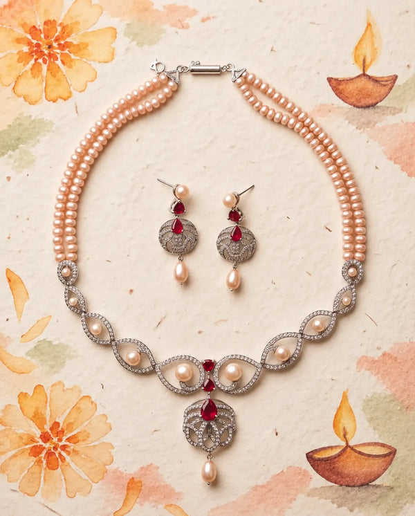 Silver-Tone Double-Strand Peach Pearl Necklace Set with Ruby-Red CZ Accents