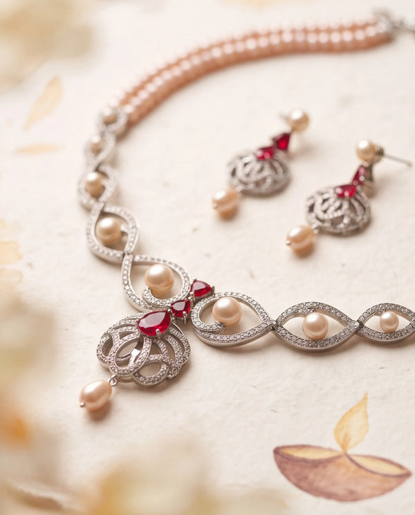 Silver-Tone Double-Strand Peach Pearl Necklace Set with Ruby-Red CZ Accents