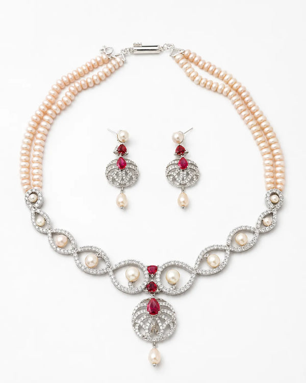 Silver-Tone Double-Strand Peach Pearl Necklace Set with Ruby-Red CZ Accents