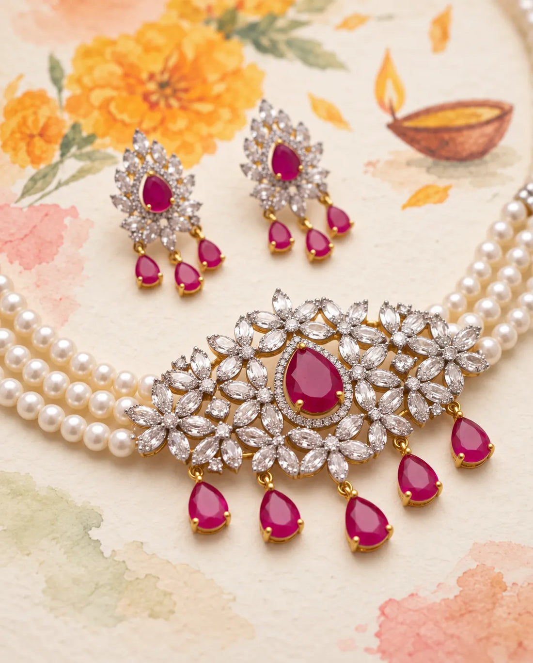 Silver-Tone Ruby-Red CZ Four-Strand Pearl Choker Jewellery Set