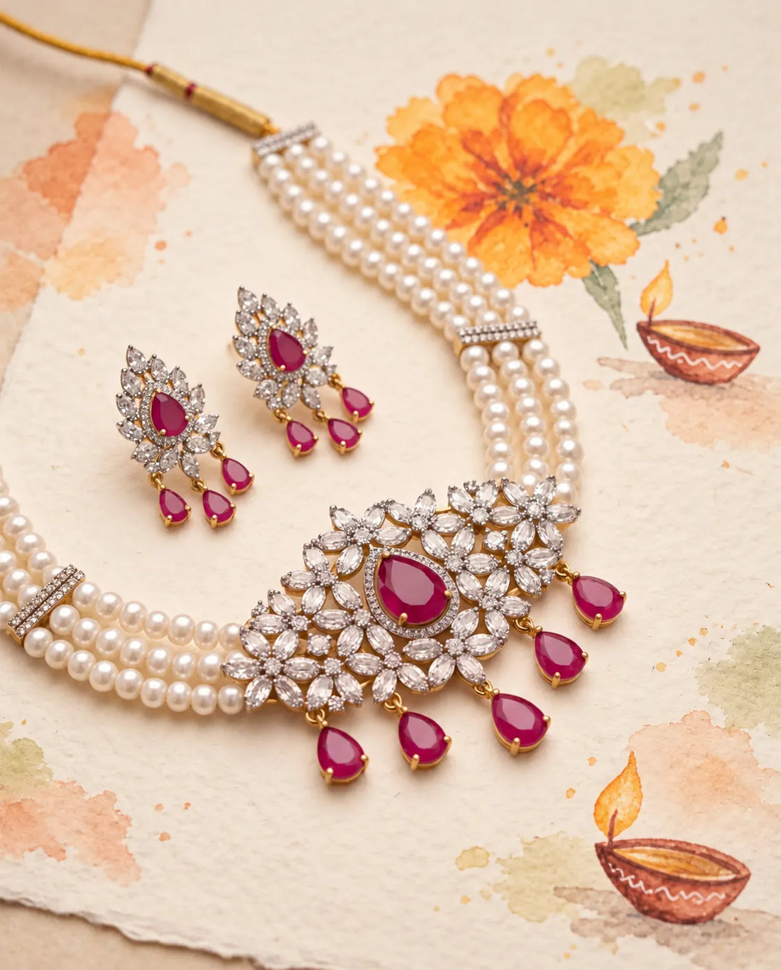 Silver-Tone Ruby-Red CZ Four-Strand Pearl Choker Jewellery Set