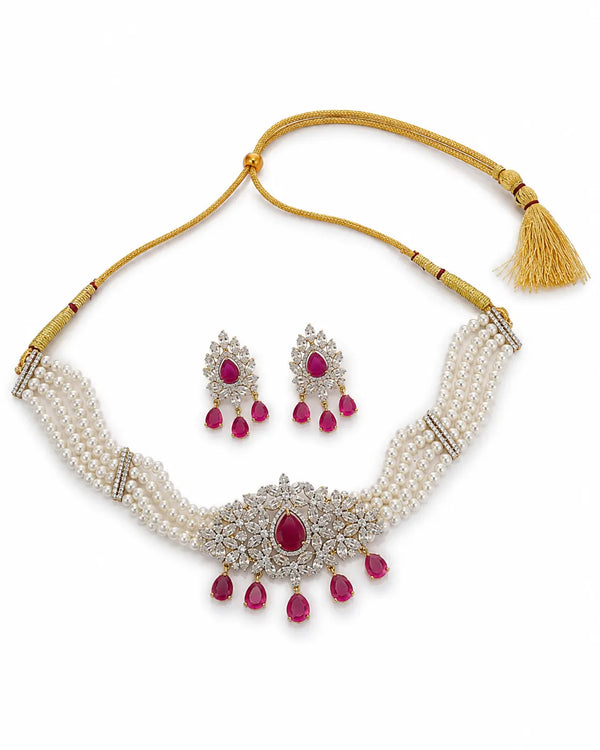 Silver-Tone Ruby-Red CZ Four-Strand Pearl Choker Jewellery Set