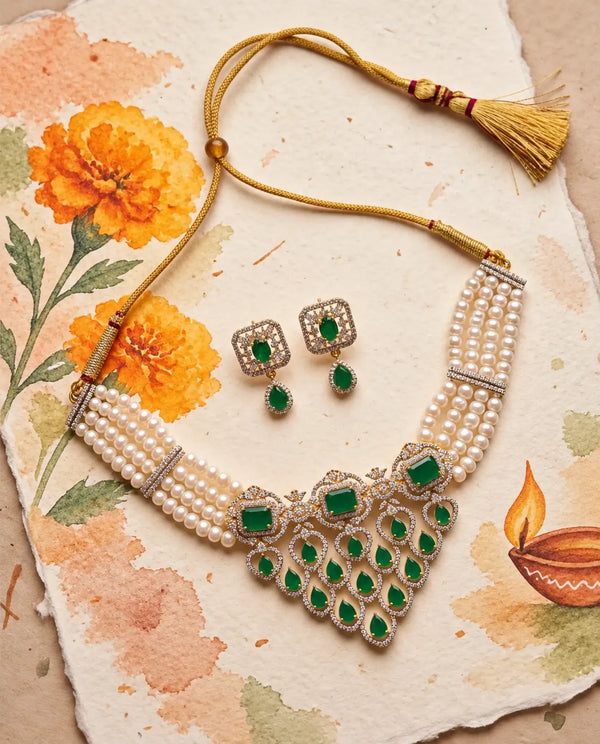 Regal Pearl Emerald CZ Multi Strand Choker Necklace Set