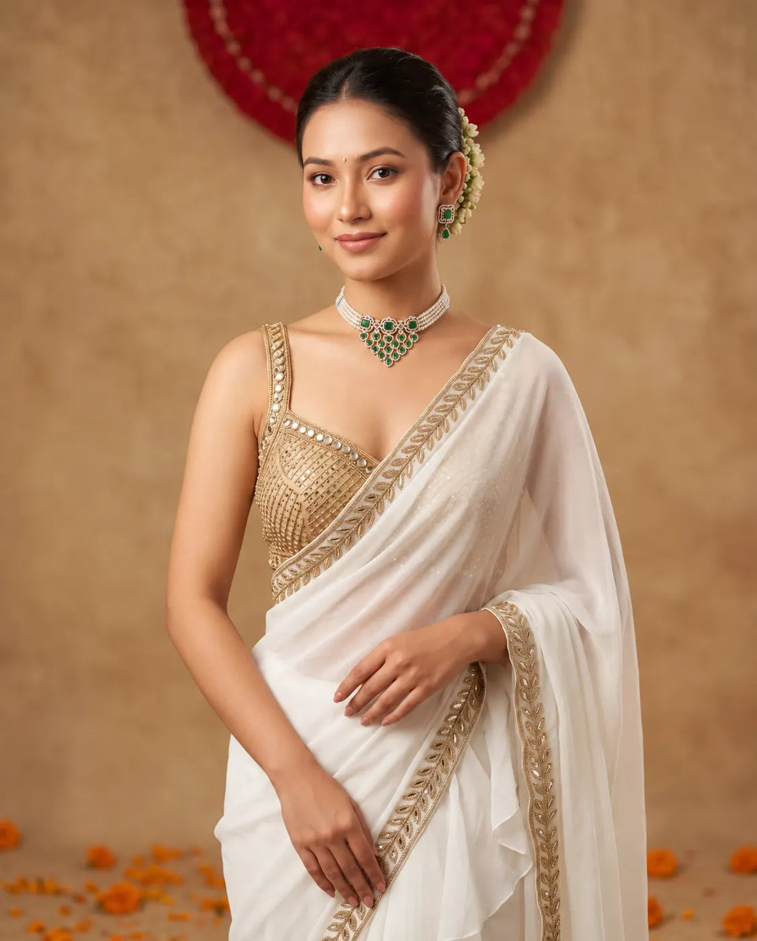 Regal Pearl Emerald CZ Multi Strand Choker Necklace Set