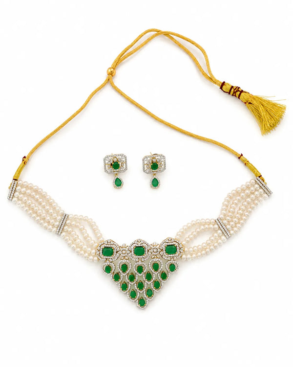 Regal Pearl Emerald CZ Multi Strand Choker Necklace Set