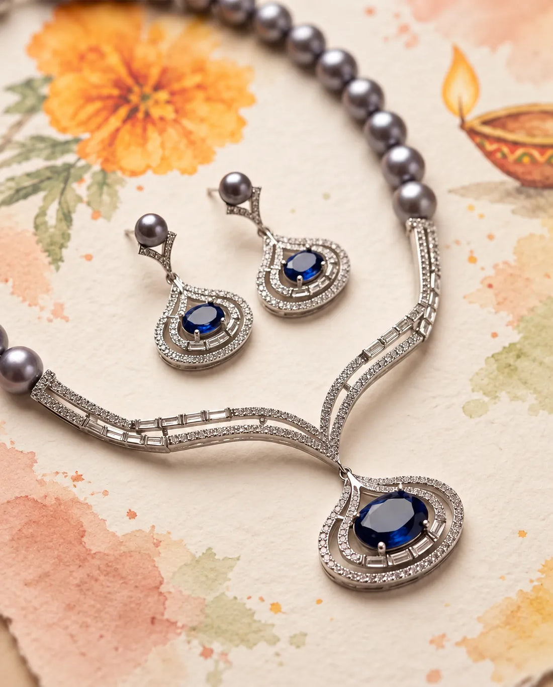Silver-Tone Oval Blue CZ Grey Pearl Necklace Set