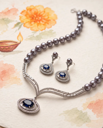 Silver-Tone Oval Blue CZ Grey Pearl Necklace Set