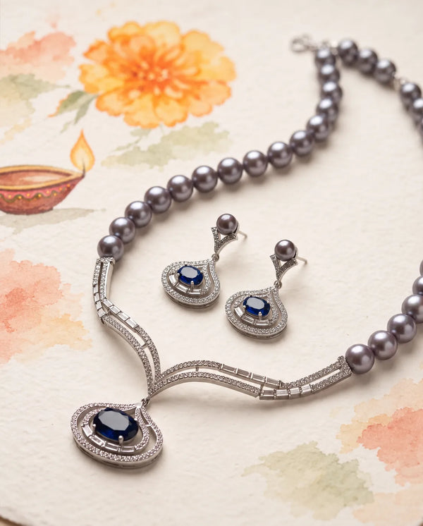 Silver-Tone Oval Blue CZ Grey Pearl Necklace Set