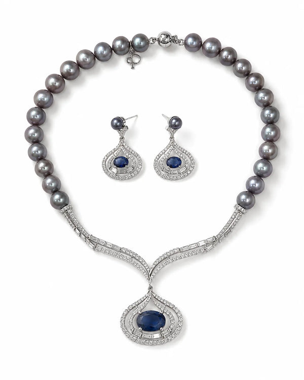 Silver-Tone Oval Blue CZ Grey Pearl Necklace Set