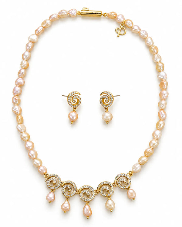 Gold-Tone Spiral Wave Cubic Zirconia Peach Pearl Necklace Set