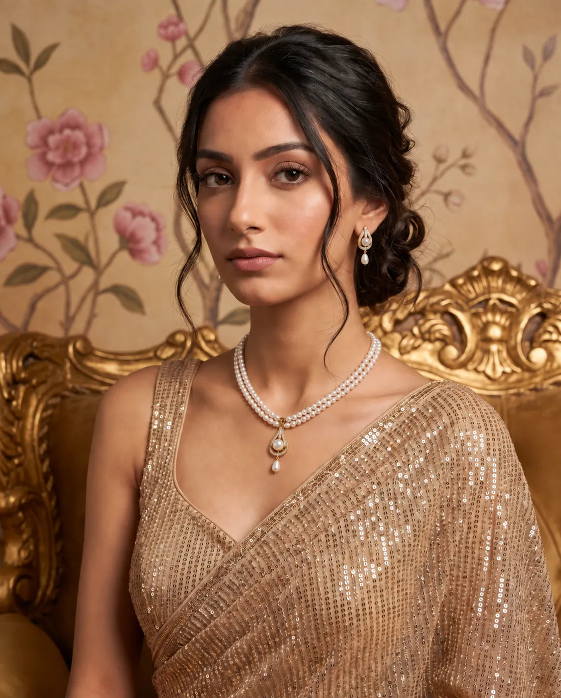 Gold-Plated Double-Strand Teardrop Solitaire Pearl Necklace Set