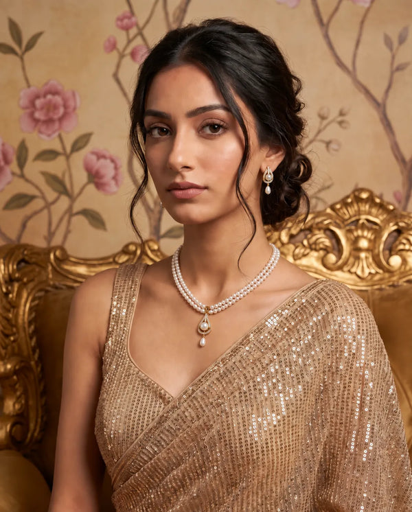 Gold-Plated Double-Strand Teardrop Solitaire Pearl Necklace Set