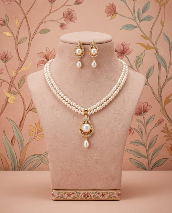 Gold-Plated Double-Strand Teardrop Solitaire Pearl Necklace Set