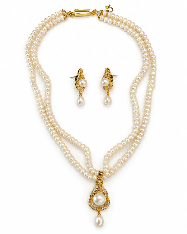 Gold-Plated Double-Strand Teardrop Solitaire Pearl Necklace Set