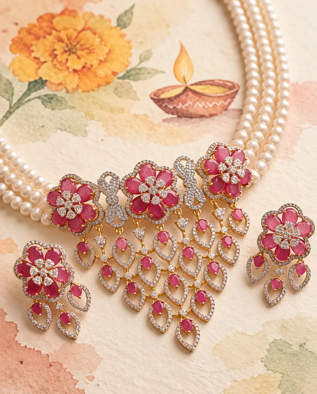 Exquisite Ruby CZ Pearl Strand Choker Necklace Set