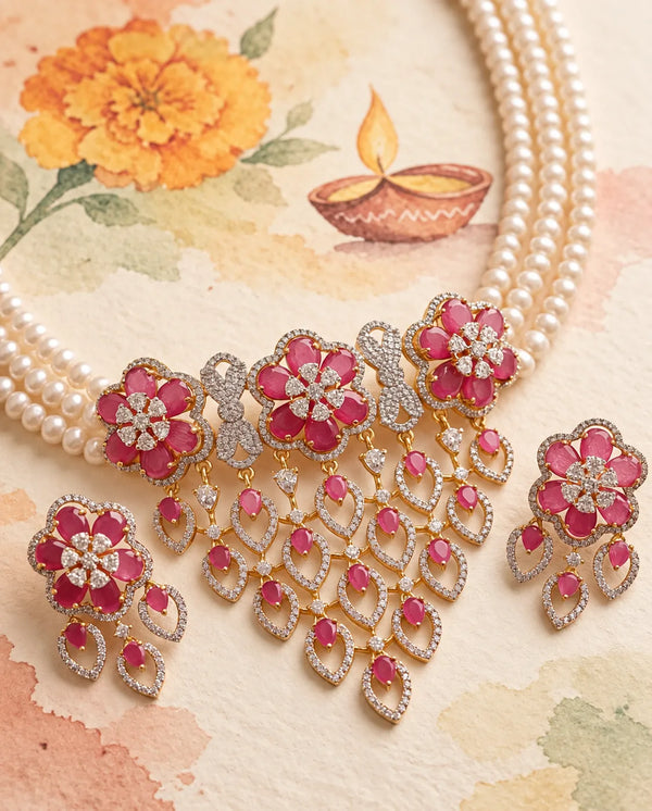 Exquisite Ruby CZ Pearl Strand Choker Necklace Set