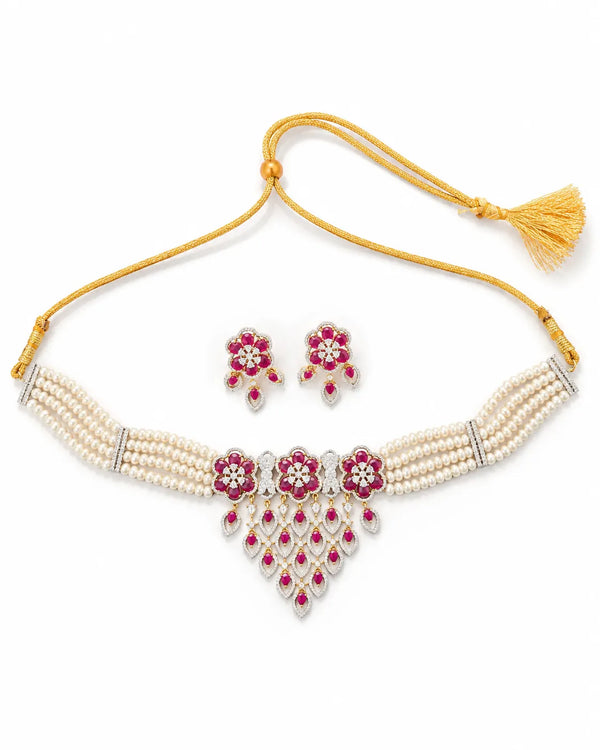 Exquisite Ruby CZ Pearl Strand Choker Necklace Set