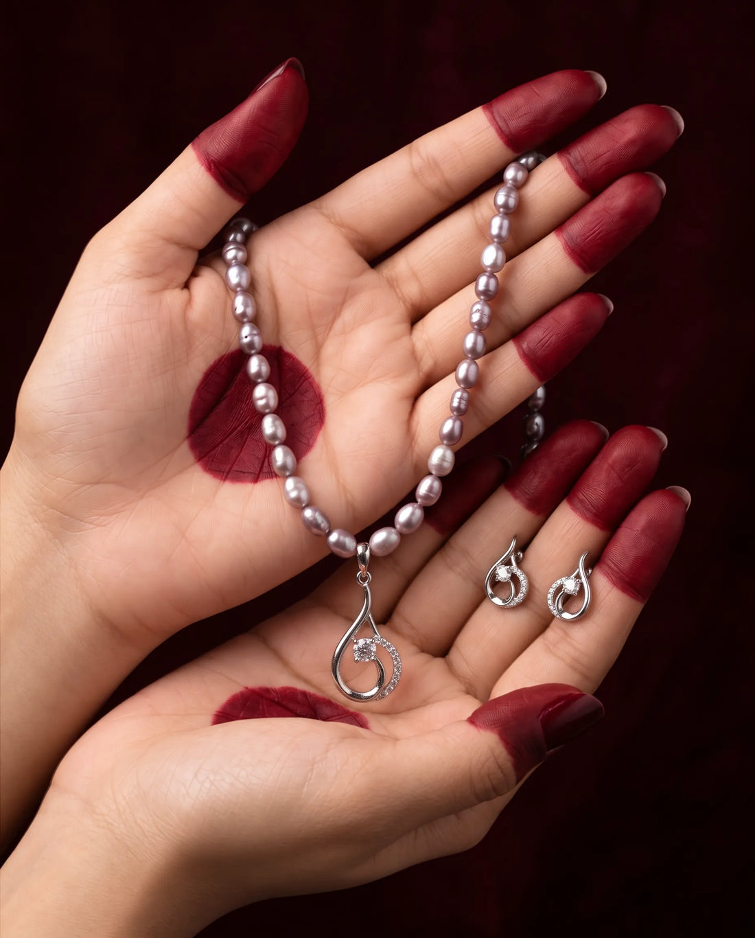 Silver-Tone Swirl Teardrop Pendant Lavender & Pink Pearl Necklace Set
