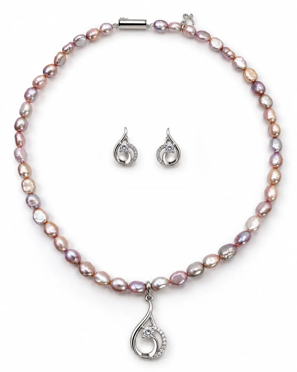 Silver-Tone Swirl Teardrop Pendant Lavender & Pink Pearl Necklace Set