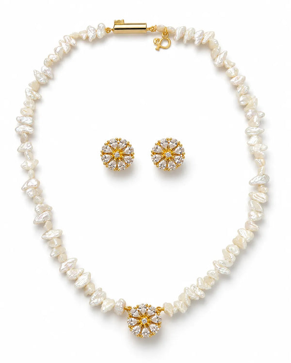 Gold-Tone Floral Cluster Keshi Pearl Necklace Set