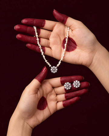 Silver-Tone Floral Cluster Pearl Necklace Set
