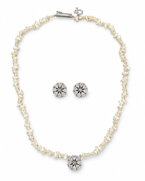 Silver-Tone Floral Cluster Pearl Necklace Set