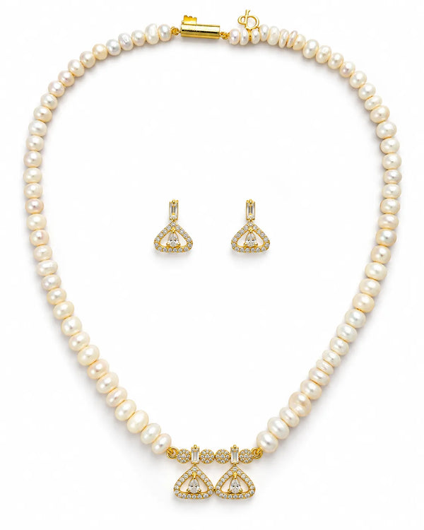 Gold-Tone White Pearl Geometric Drop Necklace & Earrings Set