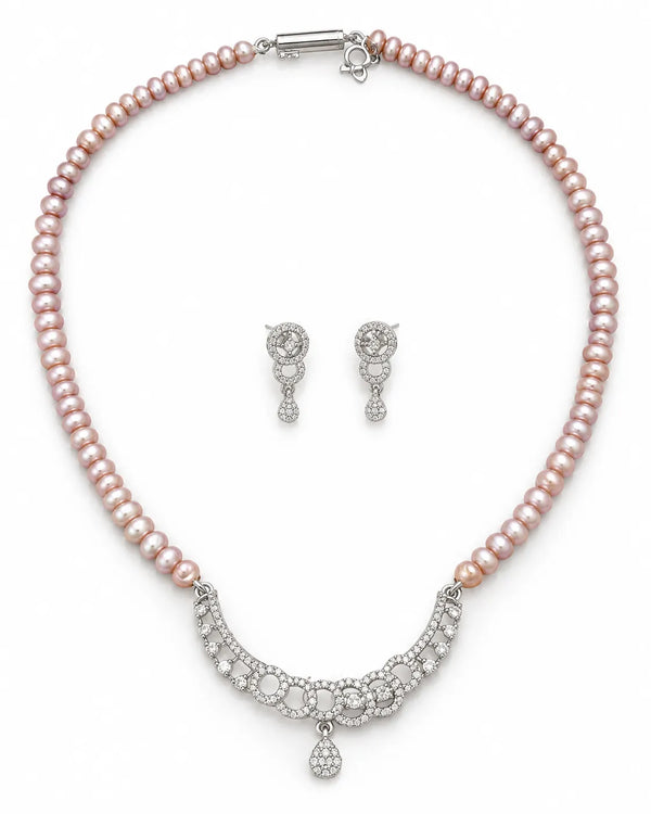 Silver-Tone Pink Freshwater Pearl Cubic Zirconia Crescent Necklace & Earrings Set
