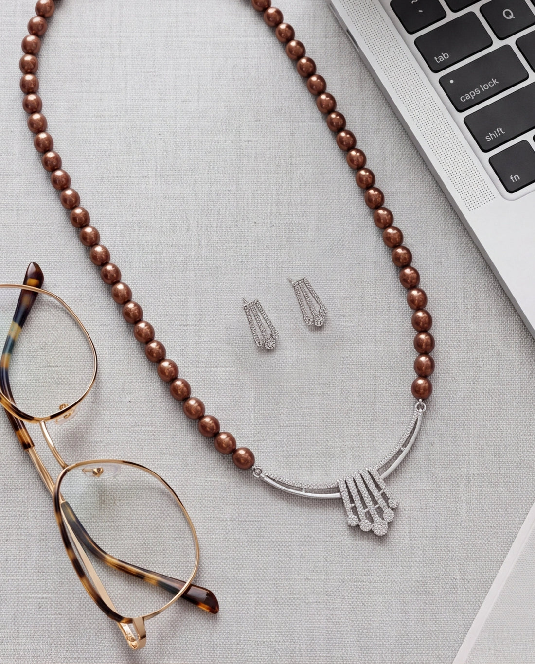 Silver-Tone Brown Pearl CZ Fringe Necklace & Earrings Set