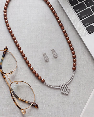Silver-Tone Brown Pearl CZ Fringe Necklace & Earrings Set