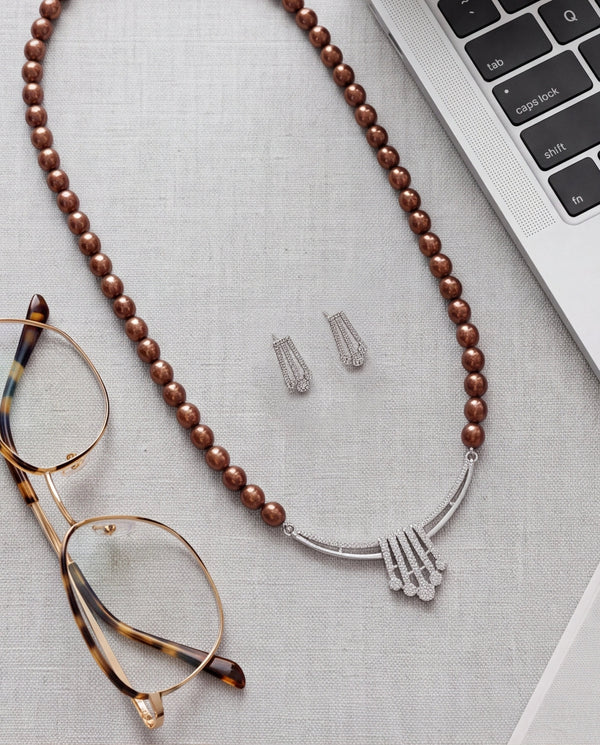 Silver-Tone Brown Pearl CZ Fringe Necklace & Earrings Set