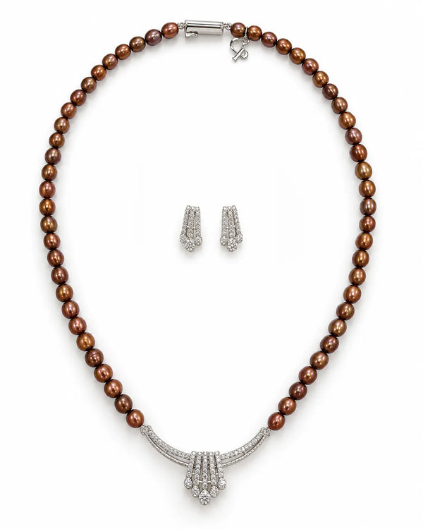 Silver-Tone Brown Pearl CZ Fringe Necklace & Earrings Set