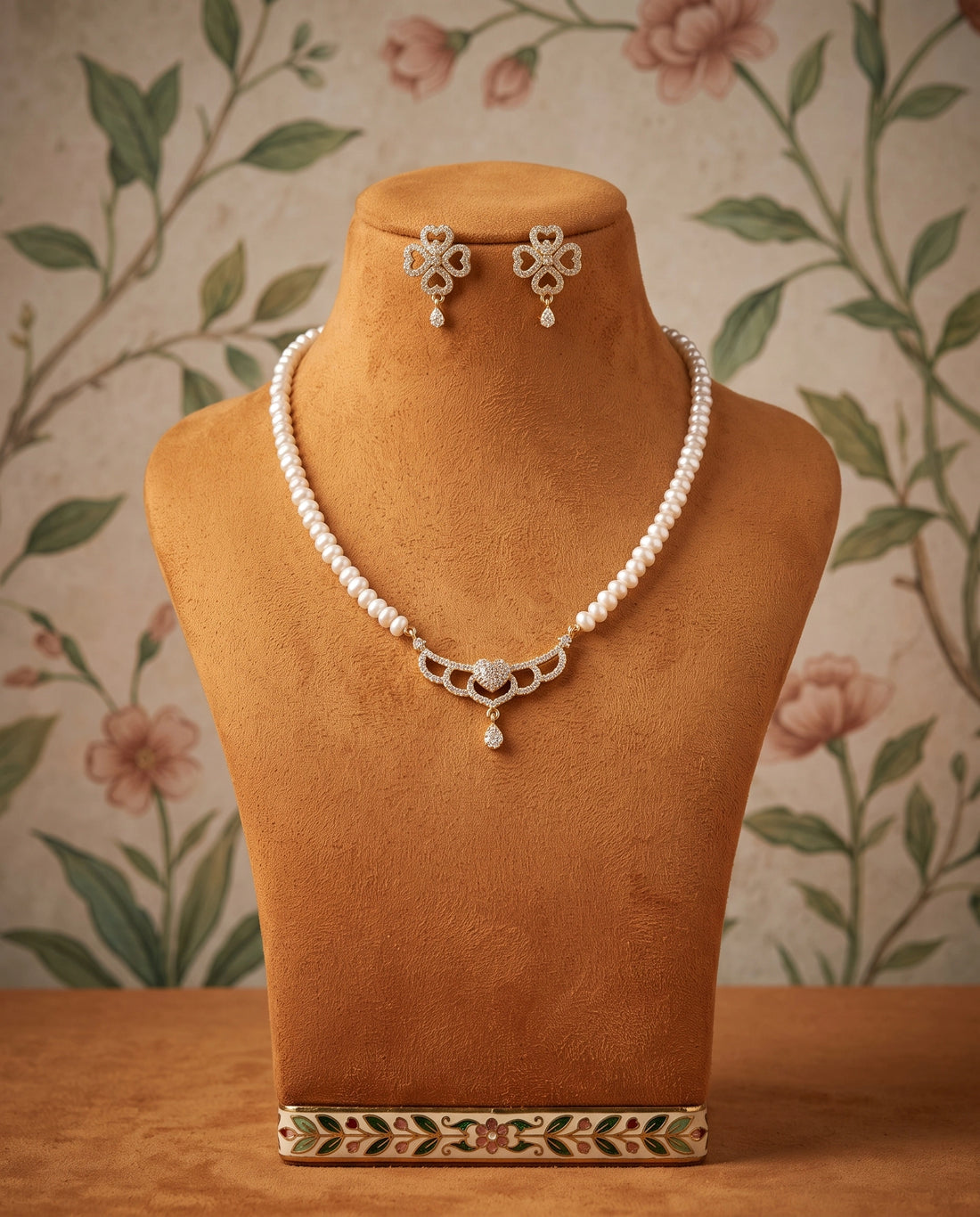 Gold-Tone White Freshwater Pearl Heart Crescent Necklace & Floral Earrings Set