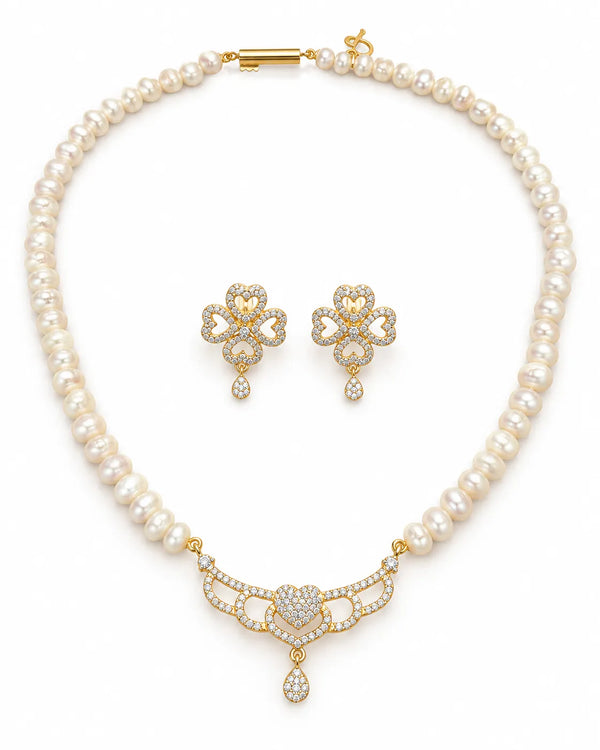 Gold-Tone White Freshwater Pearl Heart Crescent Necklace & Floral Earrings Set