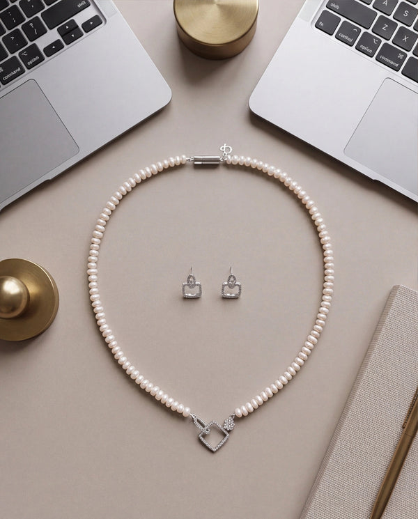 Silver-Tone White Freshwater Pearl Geometric Square Pendant Necklace Set