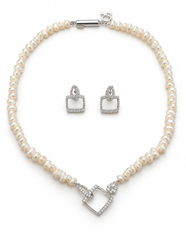 Silver-Tone White Freshwater Pearl Geometric Square Pendant Necklace Set